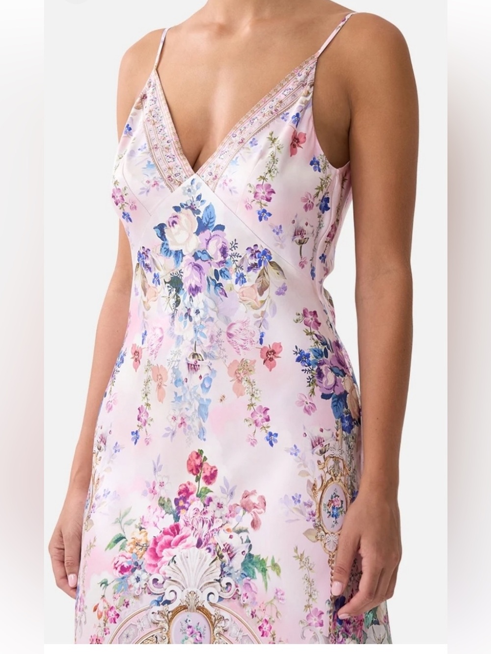 Camilla Pastel Floral Satin Slip with V-Neck